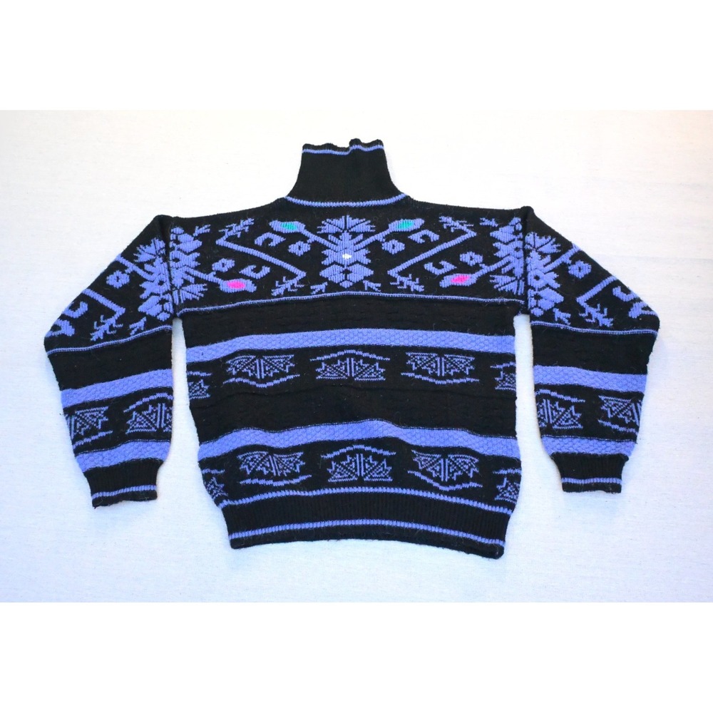 Vintage 80s Womens M Nordic Sweater Black Blue Turtleneck Drop Shoulder Cozy